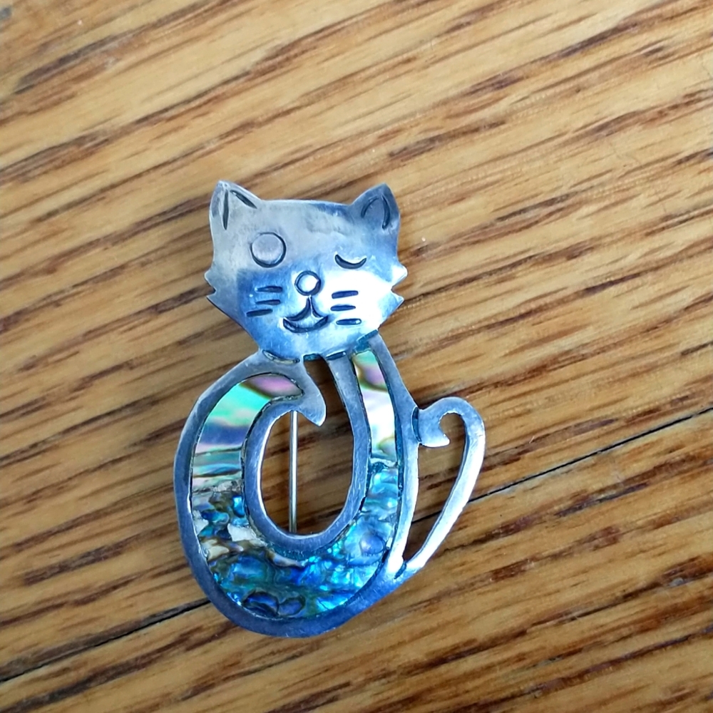 Vintage Abalone Sterling Silver Winking Cat Pin/Brooch Made in Mexico